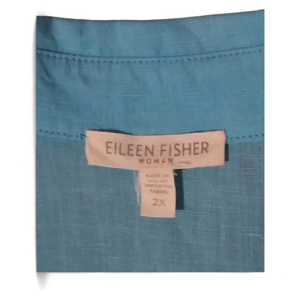 Eileen Fisher Teal Button-Down Linen Shirt - Picture 3 of 8